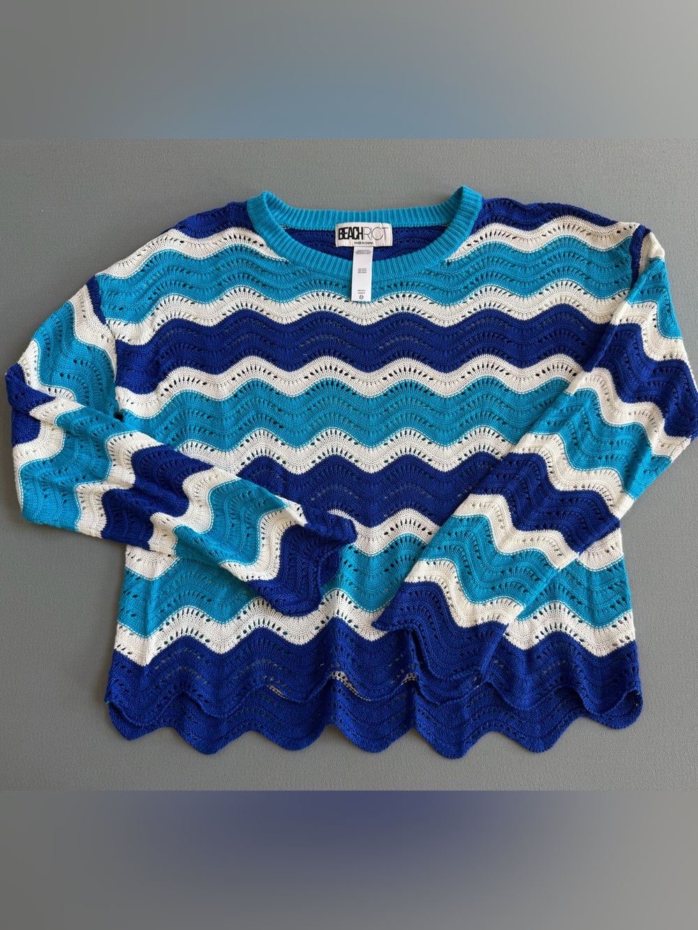 Beach Riot Wave-Striped Open Knit Sweater in Blue, Aqua & White size medium